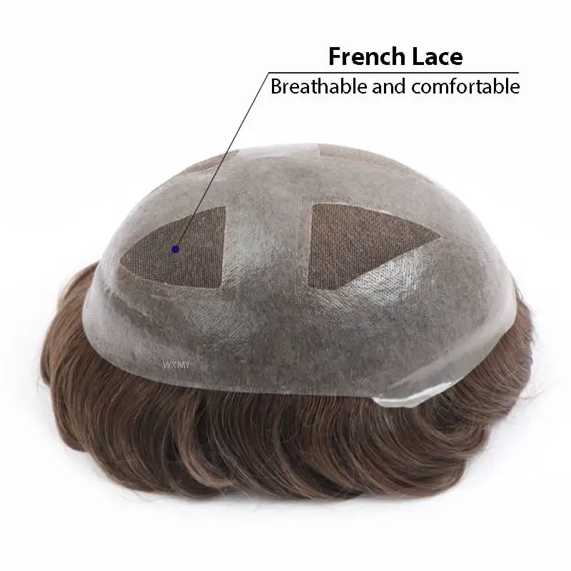 Мужской парик Toupee 0 06-0 08 мм из тонкой кожи с французским кружевом мужской протез