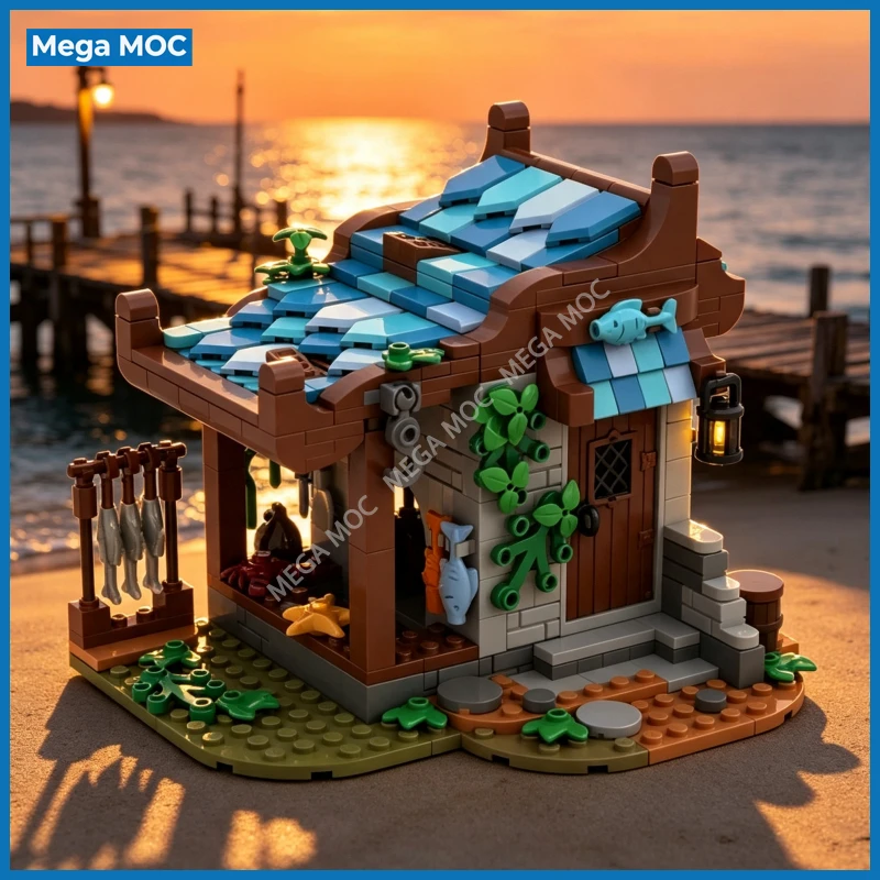 Фото Кастомная модель прибрежной рыбацкой хижины из строительных блоков MOC, дом на море, сборная модель для самостоятельной сборки, игрушка для демонстрации на столе. №2