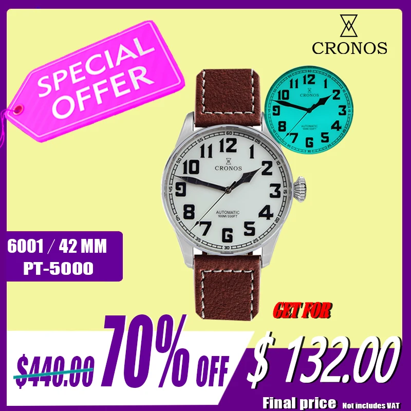 Cronos Pilot Flieger Механические часы для мужчин Нержавеющая сталь Синий свет Светящийся