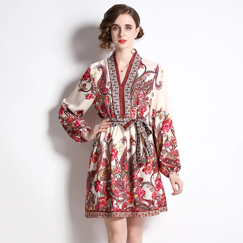 

SuperAen 2022 Spring Autumn New Fashion Printing Slim V-neck Belt A-LINE Casual Dresses for Women