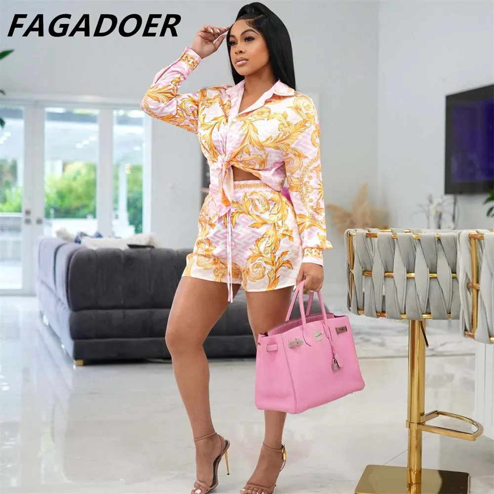 

FAGADOER African Vintage Print Two Piece Set Autumn 2022 Long Sleeve Shirt+shorts Sets Office Lady Elegant Casual Two Piece Set