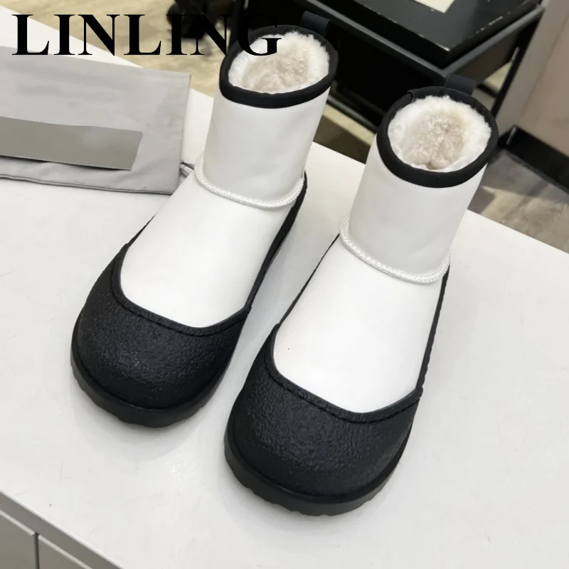 

Водонепроницаемые зимние женские ботинки, меховые ботильоны, кожаная обувь на платформе для женщин, слипоны с круглым носком, Botas Mujer, теплые зимние ботинки