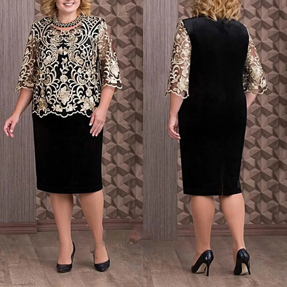 

Stylish Women Dress Elegant Half Sleeves Lady Dress Crew Neck Fake Two-piece Women Dress