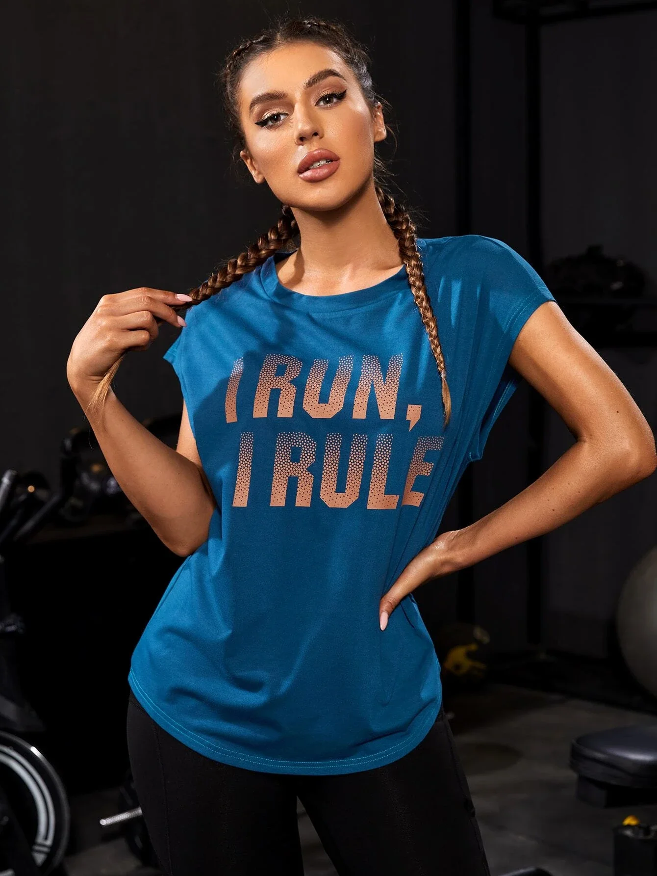 

Slogan Graphic Cap Sleeve Sports Tee