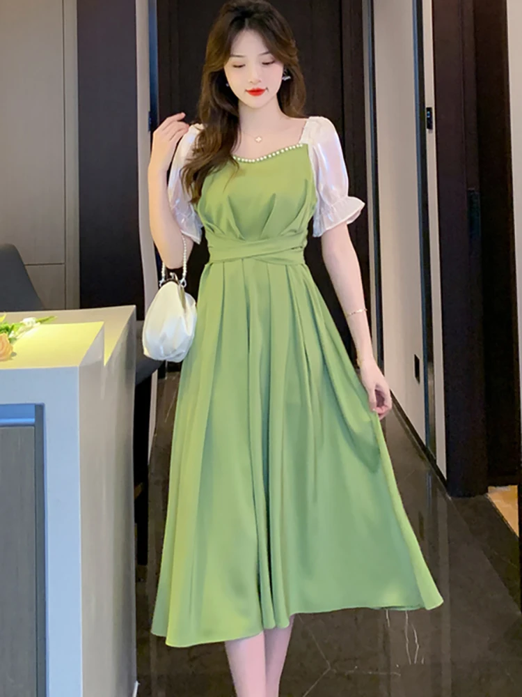 

Женское винтажное облегающее платье миди, зеленое платье составного кроя с квадратным вырезом и бусинами, красное свадебное платье, лето 2023