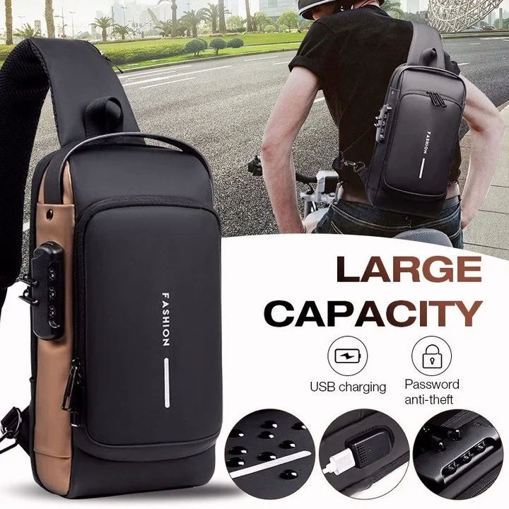 

Многофункциональная лакированная кожаная нагрудная сумка для мужчин, водонепроницаемая дорожная сумка через плечо с защитой от кражи, спортивный слинг с USB-зарядкой