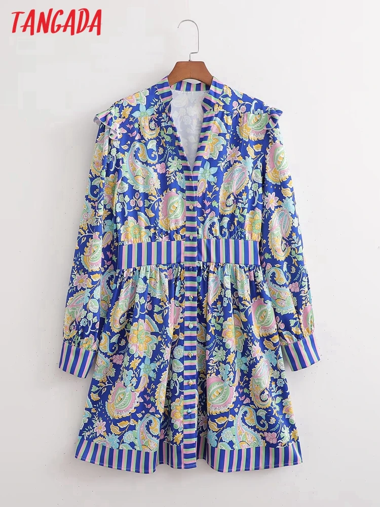 

Tangada 2022 Fashion Vintage Women Print Short Dress Long Sleeve Office Ladies Mini Dress 1D177