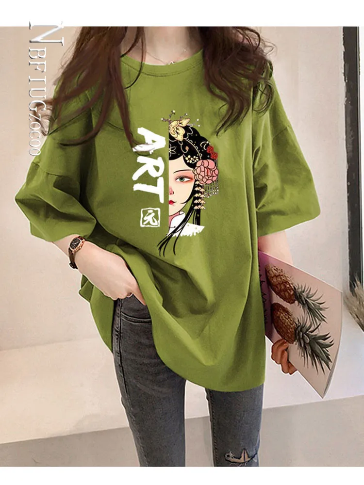 

Женская хлопковая футболка с коротким рукавом, круглым вырезом и принтом