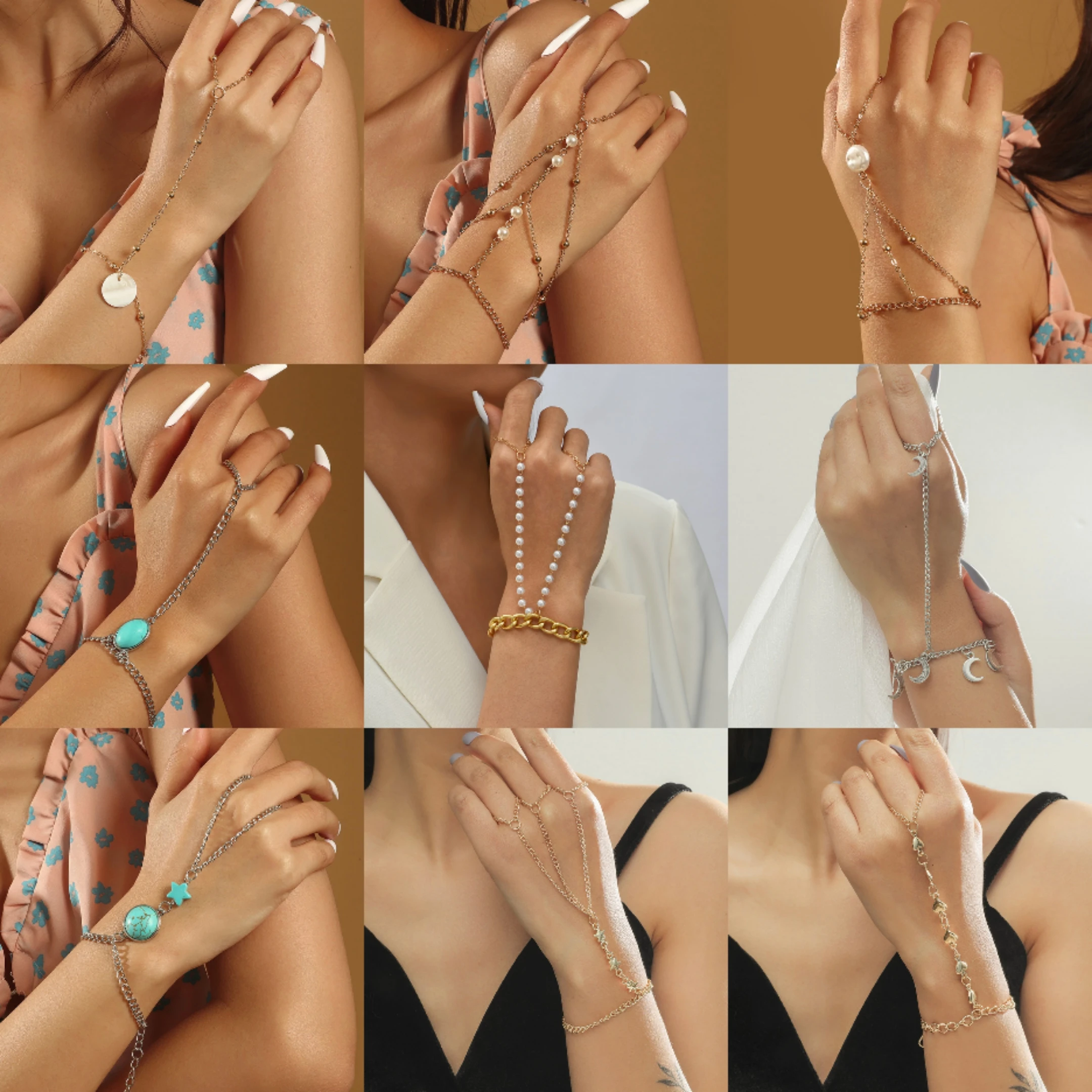 

Punk Pearl Finger Chain Bracelet Connected Finger Ring Bangle Bracelets For Women Linked Hand Harness Couple Jewelry Gifts