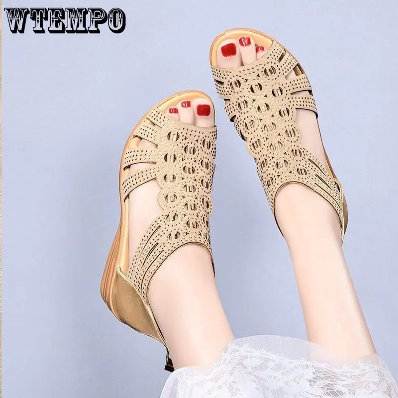 WTEMPO Women's Comfortable Wedges Hollow Out Zippered Girl Sandals Ladies Summer Middle Heel Dress Shoes Wholesale Dropshipping