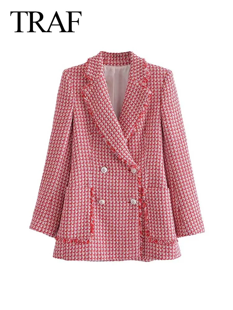 

TRAF Fashion Women's Blazer Jackets Women's Double Breasted Tweed Blazer Office Wear Elegant Street Fringe Edge Clothing Coats