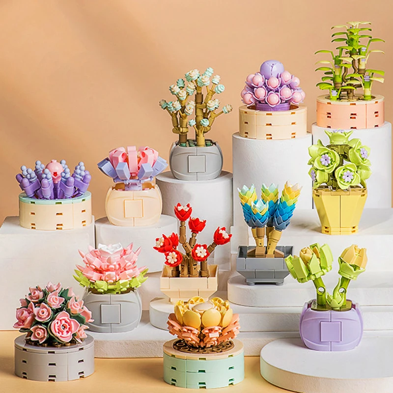 

Mini DIY Bonsai Flowers Plants Building Block Green Plant Bouquet Potted Home Decoration Children Toys For Girls Christmas Gifts