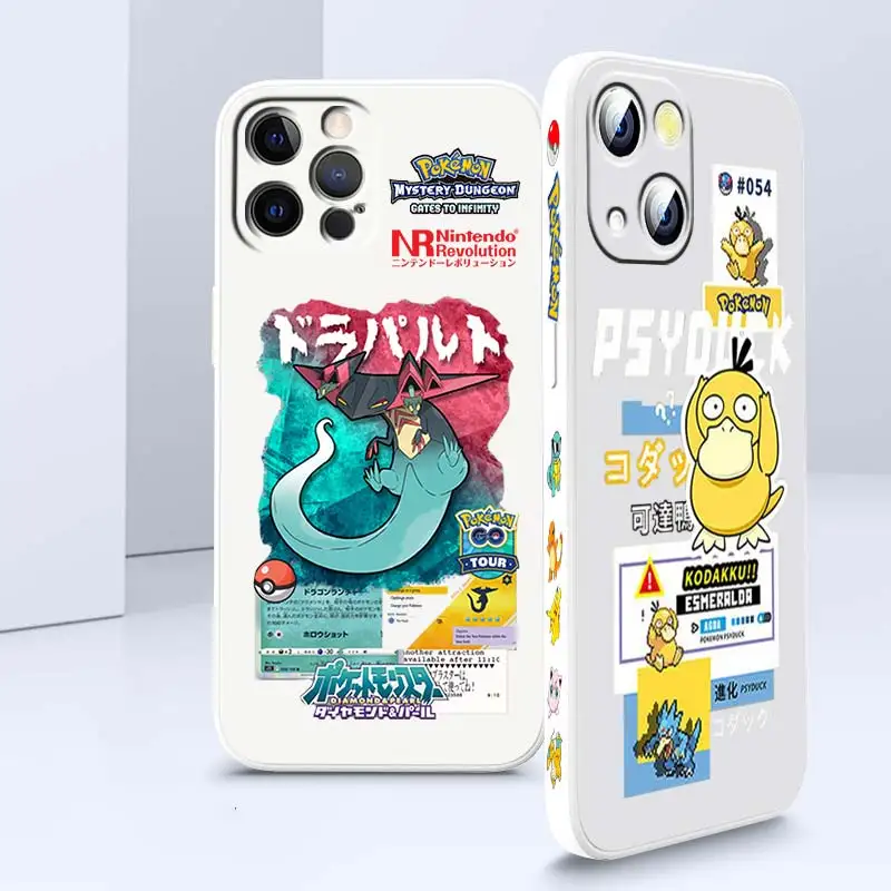 

Cute Dragapult Pokemon Psyduck Phone Case For Apple iPhone 14 13 12 Mini 11 XS Pro Max X XR 8 7 Plus SE Liquid Left Rope Cover