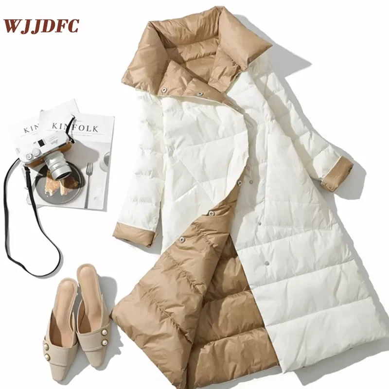 2022NEW 2021 Winter Women Turtleneck White Duck Down Coat Double Breasted Warm Parkas Double Sided Down Long Jacket Thick Soft