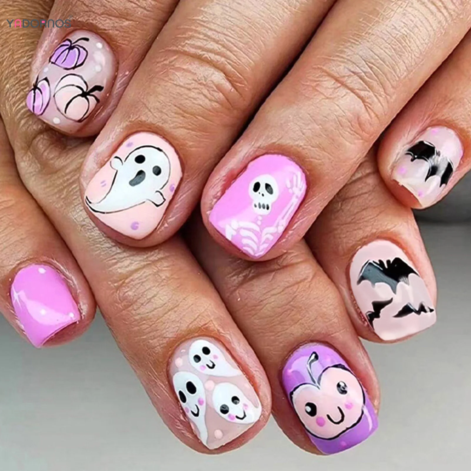 24 шт. Короткие Розовые накладные ногти на Хэллоуин черная летучая мышь белый