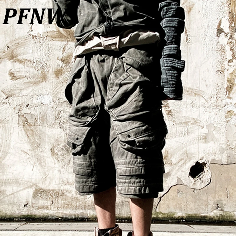 PFNW Summer Men's Trendy Solid Color Straight Techwear Shorts Outdoor Handsome Safari Style Streetwear Calf-Length Pants 12Z1162