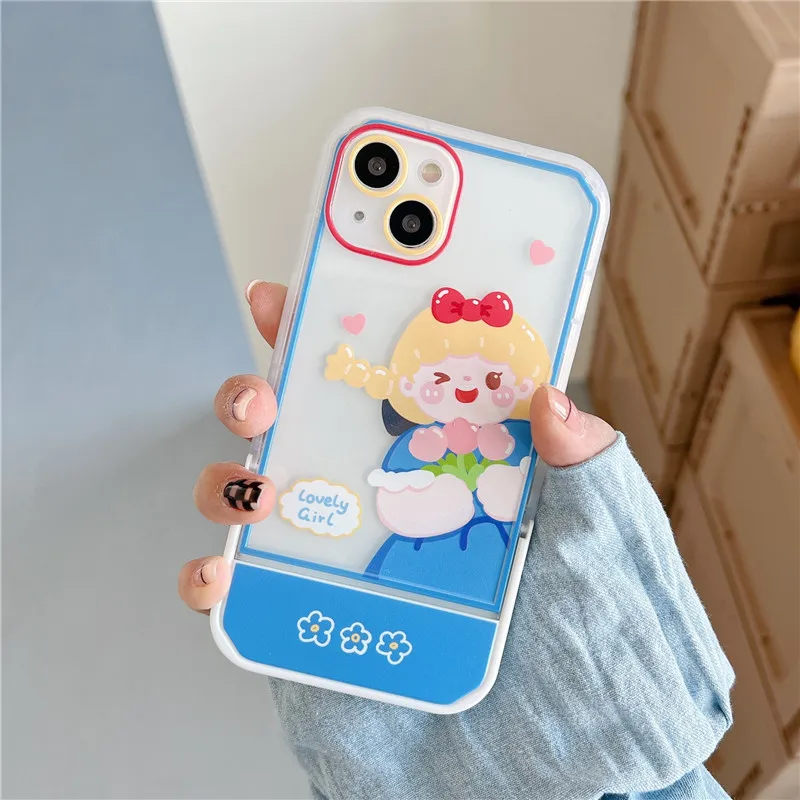 

Sweet luck girls princess art Folding stand transparent Phone Case For iPhone 13 11 12 Pro Max Xs Max XR case Cute Cartoon Cover