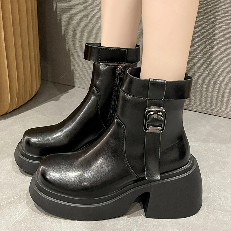 

High Heels Ankle Women Boots 2022 Winter New Brand Chunky Chelsea Boots Party Pumps Platform Shoes PU Leather Motorcycle Botas