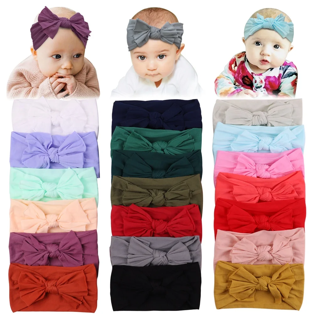 

20Colors 1Piece Baby Girls Nylon Headband Bowknot Headbands Solid Soft Wide Turban Kids Strechy Hairband Hair Accessories Gift