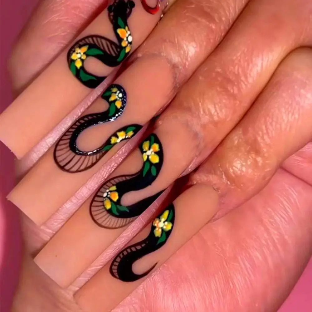 

24 шт., накладные ногти, кристалл, любовь, сердце, узор, змея, абстрактные волнистые накладные ногти, полное покрытие, длинный французский худо...