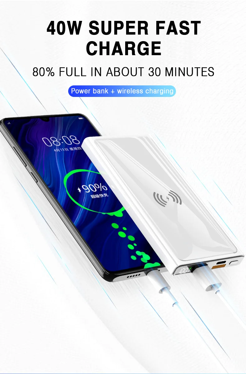

New 40W Super Fast Charging Power Bank 15W Wireless Charger 20000mAh Digital Display External Battery for
