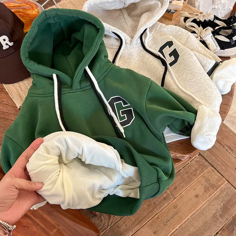 

Толстовки с капюшоном для мальчиков, хлопковые толстые вельветовые простые теплые осенне-зимние свитшоты 2022, детская одежда для малышей