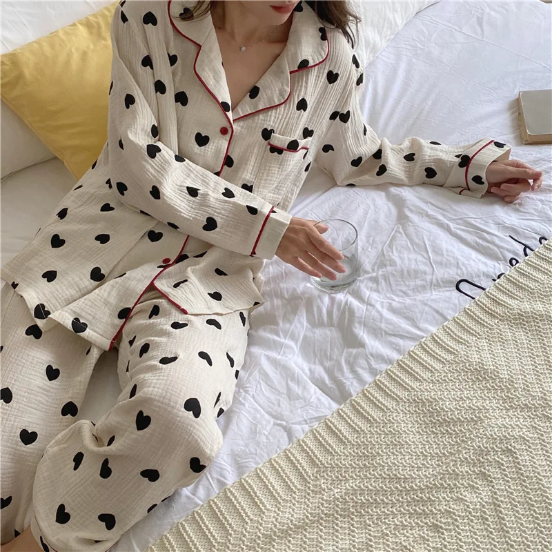 Love Pajamas Women's  Bedgown Spring/ Autumn Double-layer Yarn Cotton Gauze   Long-sleeved Two-piece Suit Breathable Home Wear