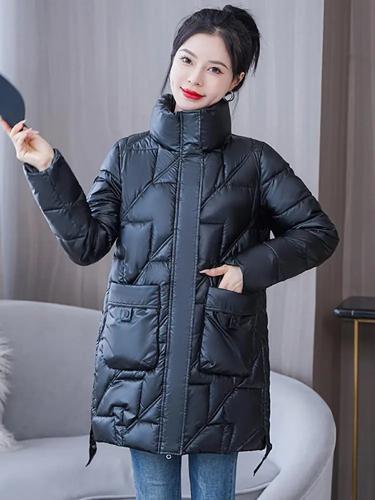 Vielleicht 2022 New Cotton Padded Parkas Stand Collar Shiny Down Winter Jacket Women Thick Warm Coat Female Clothing Outerwear
