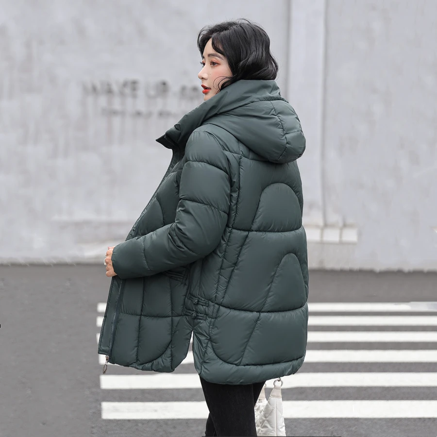 Loose Winter Hooded Down Cotton Mid-length Coat Thicken Women Warm Parka Oversized Windbreaker Outwear Casual Chic Snow Jacket