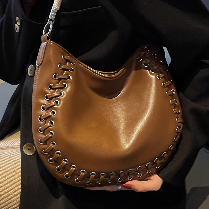 

Brown Shopper Handbag for Women Cowhide Rope Strap Decoration Ladies Crossbody Bag Oil Wax Leather Female Underarm Shoulder Bags