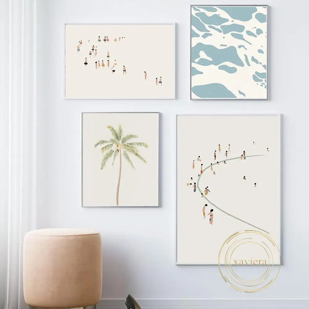 

Abstract Seaside Beach Landscape Poster Modern Minimalist Ocean Wave Coconut Tree Canvas Painting Nursery Art Picture for Decor