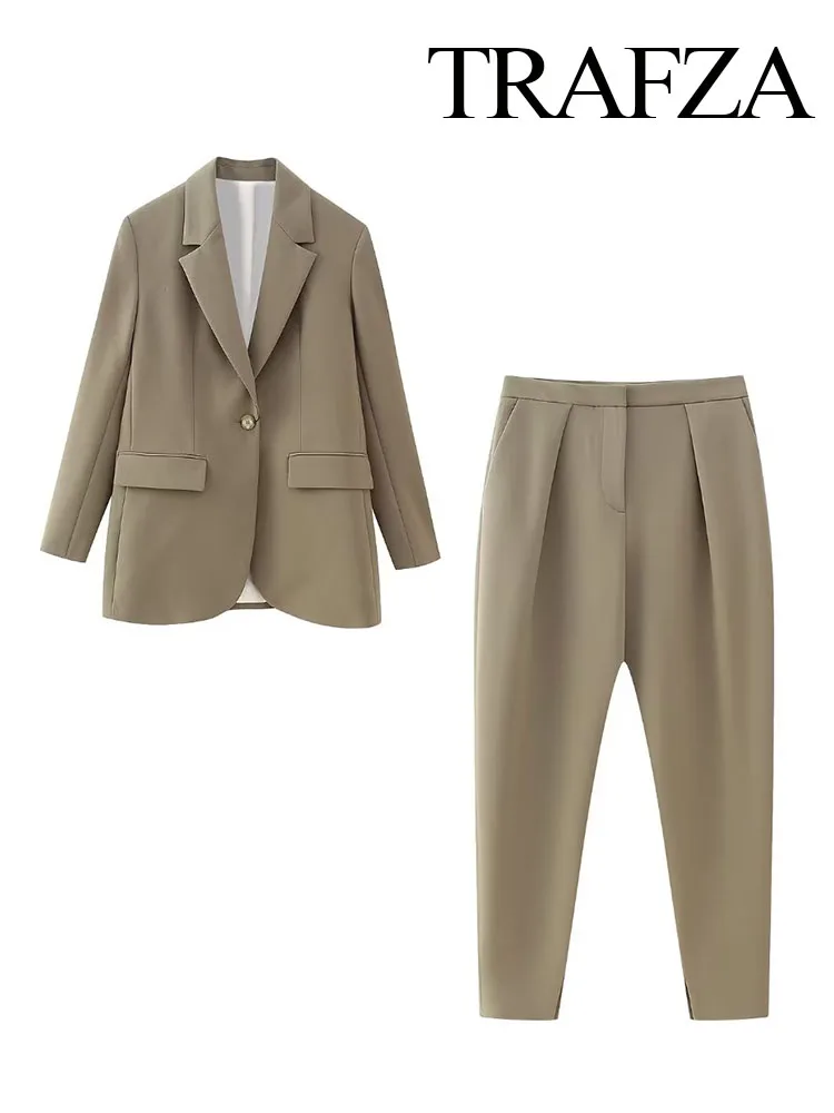 

Женский винтажный Костюм-двойка TRAFZA, элегантный Длинный блейзер и брюки-султанки с длинным рукавом, на пуговицах, с карманами, клетчатый пиджак с лацканами