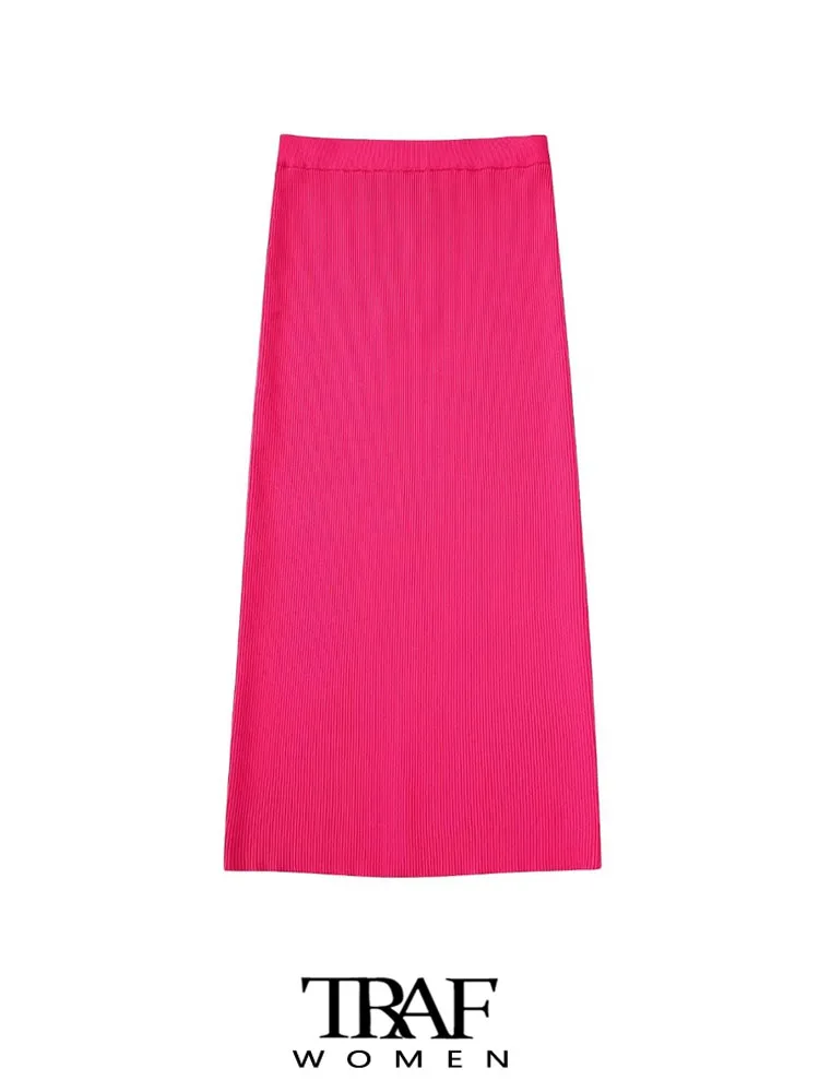 

TRAF Women Fashion Back Vents Ribbed Knit Midi Skirt Vintage High Waist With Elastic Waistband Female Skirts Mujer
