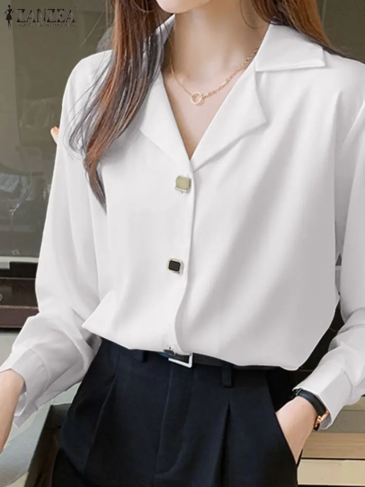 

ZANZEA, модная женская однотонная белая блузка, элегантная блуза на пуговицах, офисные блузы, Повседневная рубашка с длинными рукавами, Весенняя рубашка с отворотом, топ, туника