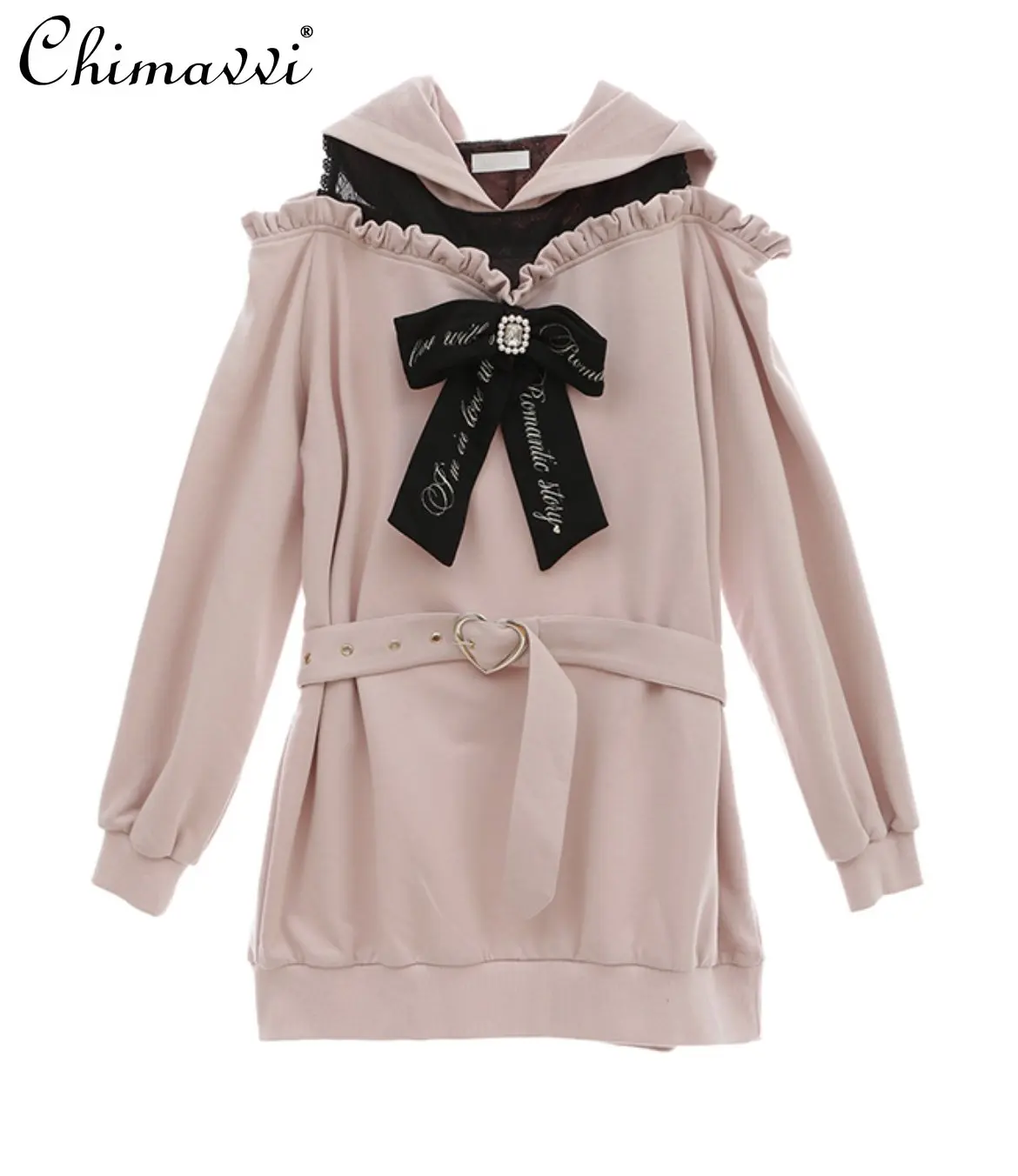 Sweet Oversized Sweatshirts Autumn Winter New Hooded Lace Patchwork Long Sleeve Embroidered Bow Loose Pullover Women Hoodies