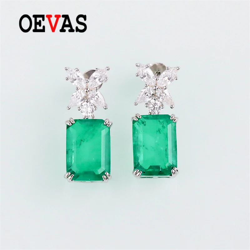

OEVAS 100% 925 Sterling Silver 10*14mm Emerald High Carbon Diamond Drop Earrings For Women Sparkling Wedding Party Fine Jewelry