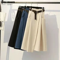 autumn spring mid length woman fashion 2022 korean style super quality black high waist midi long skirt female with belt