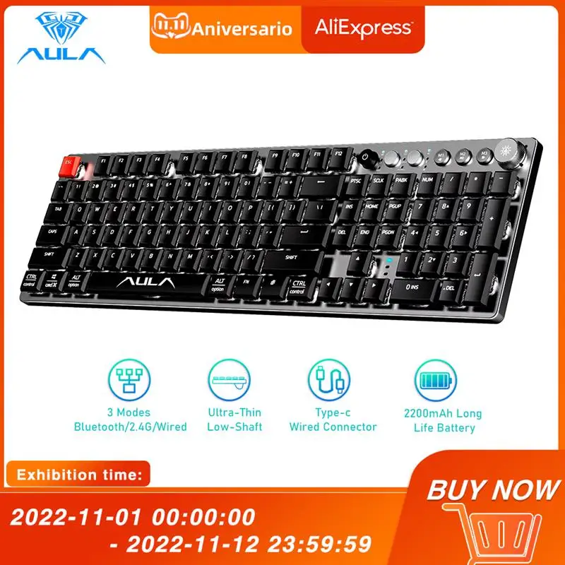 

Беспроводная механическая клавиатура AULAF2090, тонкая клавиатура с 104 клавишами, Bluetooth/Type-c для настольного ноутбука, iPad, Корейская клавиатура с ивритом и английским языком