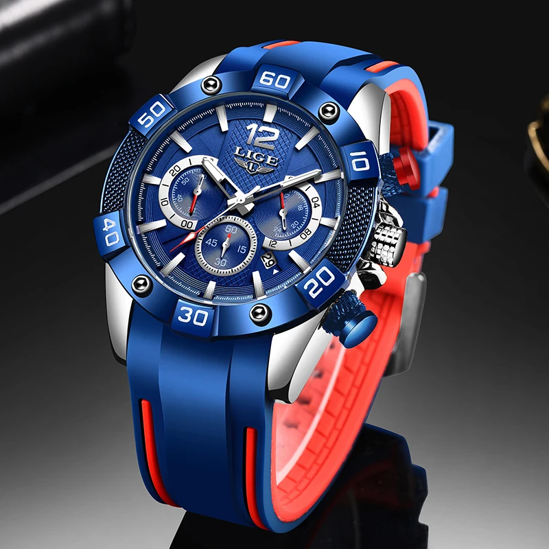 

LIGE Men Watch Top Brand Luxury Sports Quartz Mens Watches Silicone Waterproof Chronograph Wristwatch Men Relogio Masculino