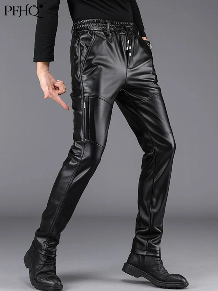 

PFHQ 2022 Autumn Winter Men's Faux Leather Pants Fashion Casual Thickened Cashmere Warm New Trendy PU Trouser Motorcycle 21Q4713
