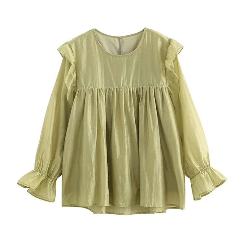 

Spring Rayon Design Sense O-Neck Lovely Sweet Elegant Ruffled high quality Soft Chic Butterfly Sleeve Prairie Style Blouses