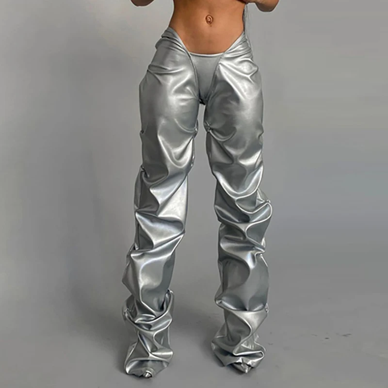 

Брюки женские прямые из экокожи, повседневные штаны со складками, с низкой талией, однотонные длинные уличные брюки в стиле хип-хоп, Осень-зи...