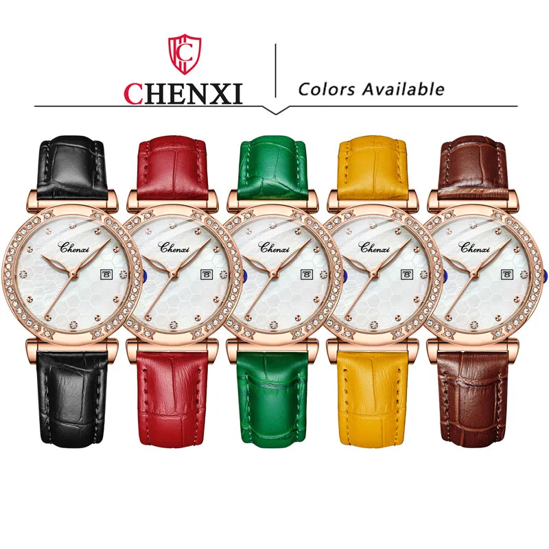 CHENXI Luxury Women Watches Fashion Leather Waterproof Calendar Quartz Watch Fritillary Mesh Dial Leisure Ladies Wrist Watch