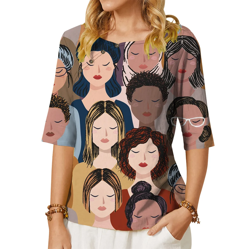 

CLOOCL Trendy Women Blouse Brave Girls Pattern 3D Printed T-shirt Button Decorate Loose Middle Sleeve Tees Female Casual Tops