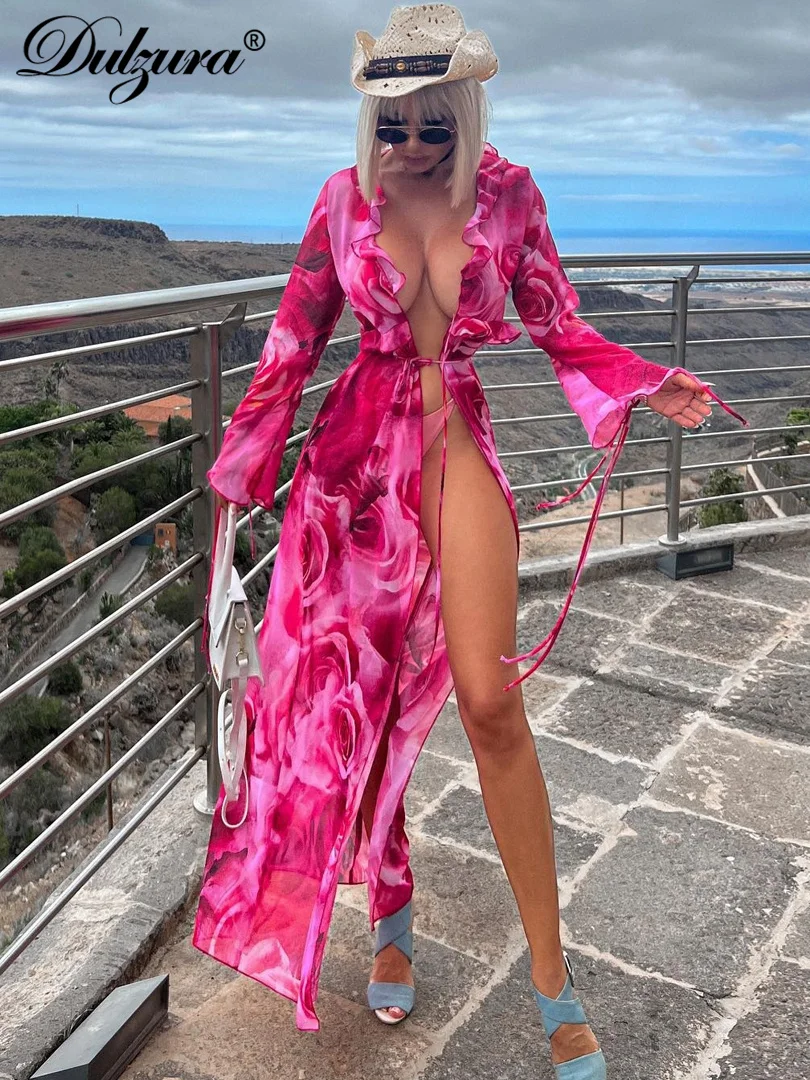 

Dulzura Print Flower Lace-Up Sexy Y2K 2023 Summer For Women Trumpet Sleeve Chiffon Ruffle Maxi Dress Elegant Evening Party