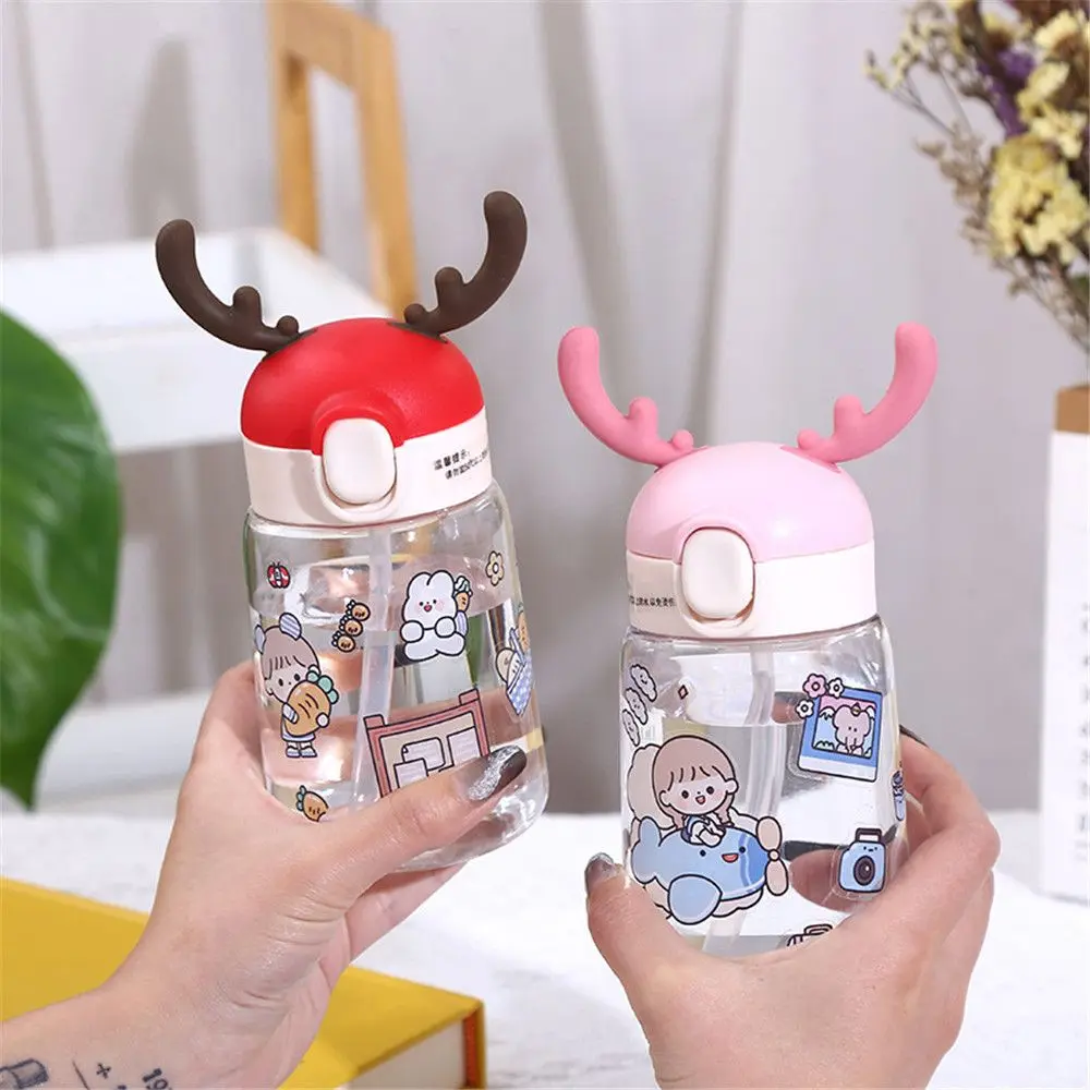

Children Cartoon 400ML Portable Water Cup Cute Antler Water Bottle Straw Drinkware