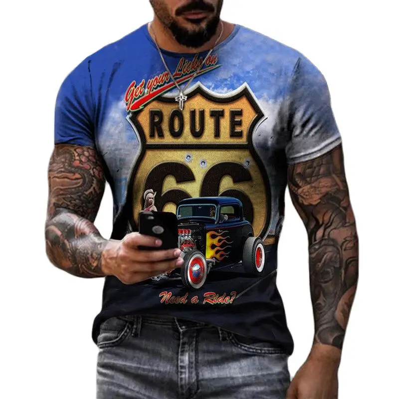 

NOVEDAD DE VERANO 2022, camiseta con estampado de calle 3D Route 66, camiseta informal de manga corta con cuello redondo para ho