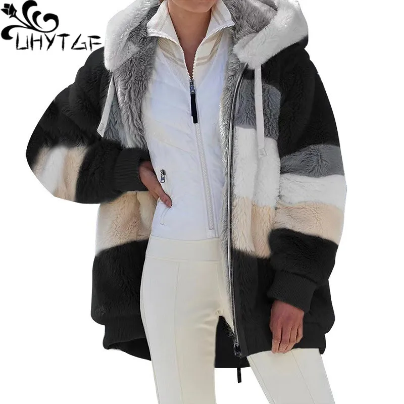 

UHYTGF Jackets Women Fashion Color Matching Plush Autumn Winter Coat Female Long Sleeve Hooded Casual 5XL Big Size Outewear 1884