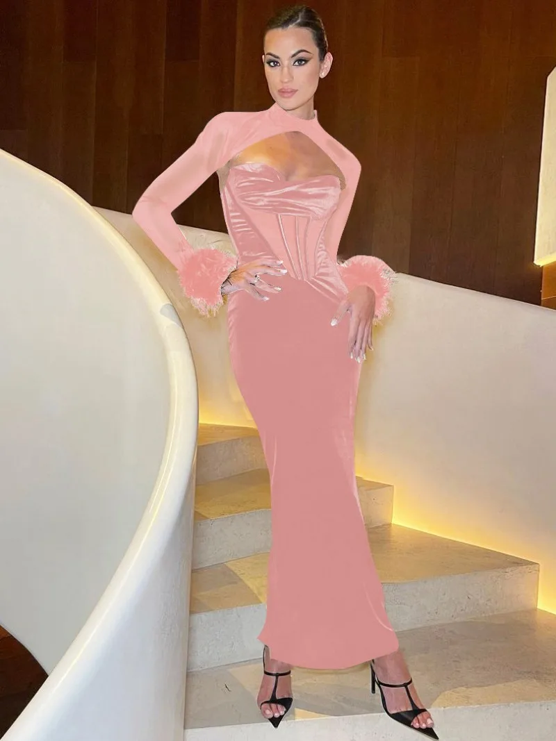 

2023 Autumn New Mesh Patchwork Long Sleeve Corset Dresses for Women Elegant High Waist Bodycon Backless Fur Evening Party Dress