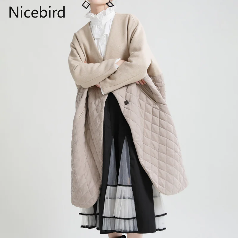 Nicebird Spliced Parkas Women Woolen Coat With Cottom Jacket Patchwork Outercoat Winter Warm Contrasting colors Quilted Overcoat